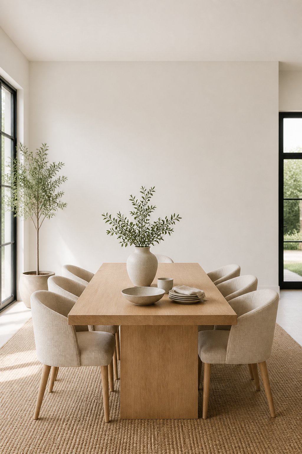 A bright dining room with a light wood table, woven chairs, large windows, plants, and ceramic tableware.