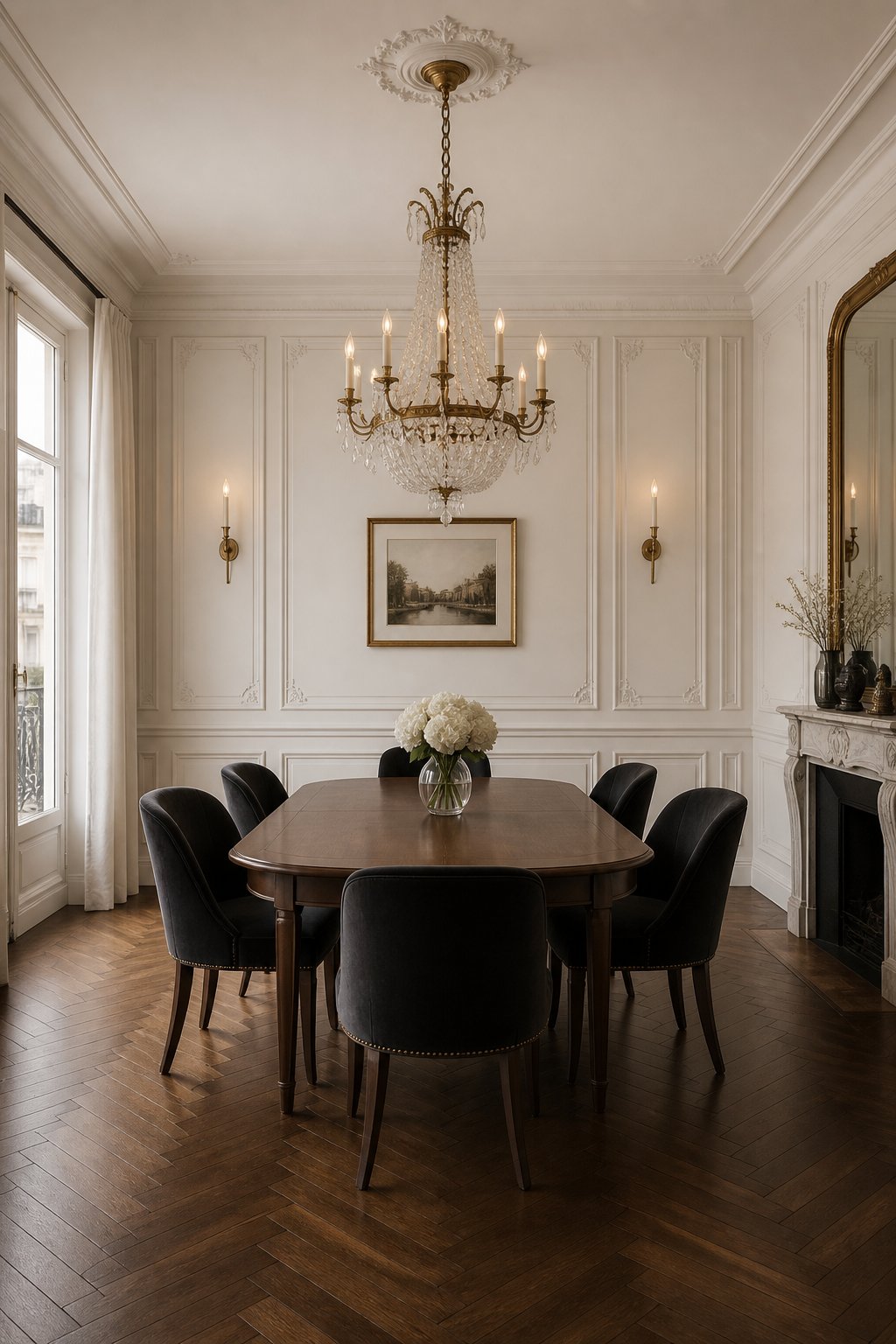 An elegant dining room with paneled walls, a chandelier, a wooden table, upholstered chairs, and hardwood flooring.