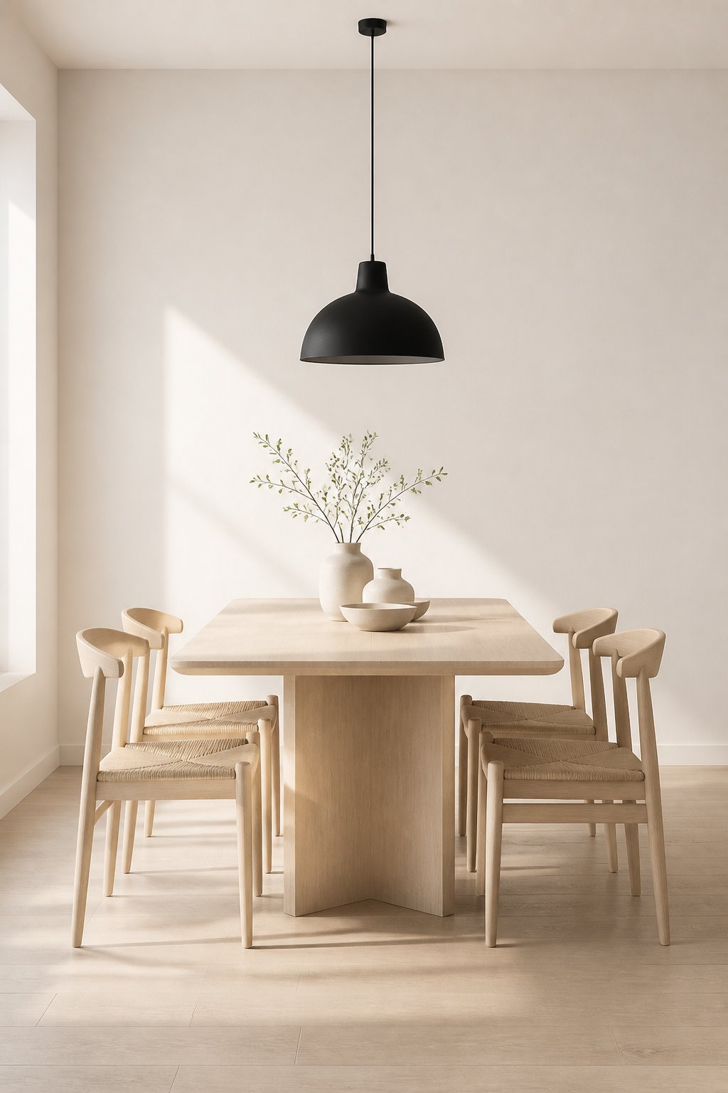 A sunlit dining room with a light wood table, chairs, a black pendant lamp, and a ceramic vase.