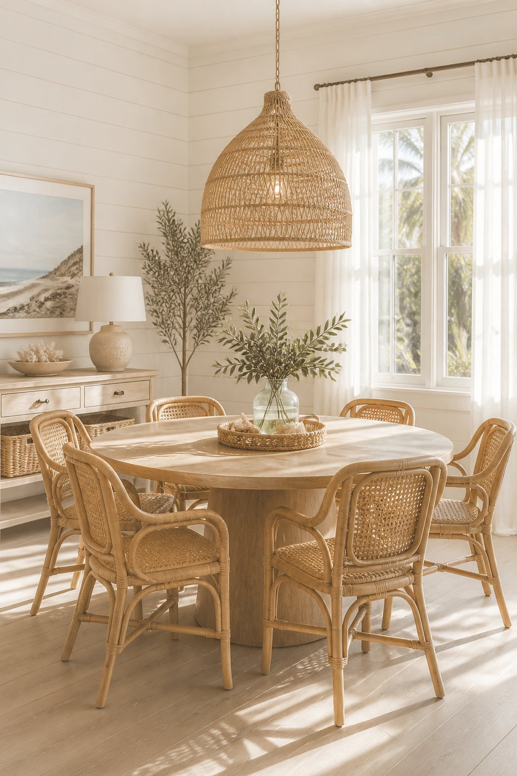 A bright dining room with a round wooden table, woven chairs, a hanging light, white curtains, and sunlight through the windows.