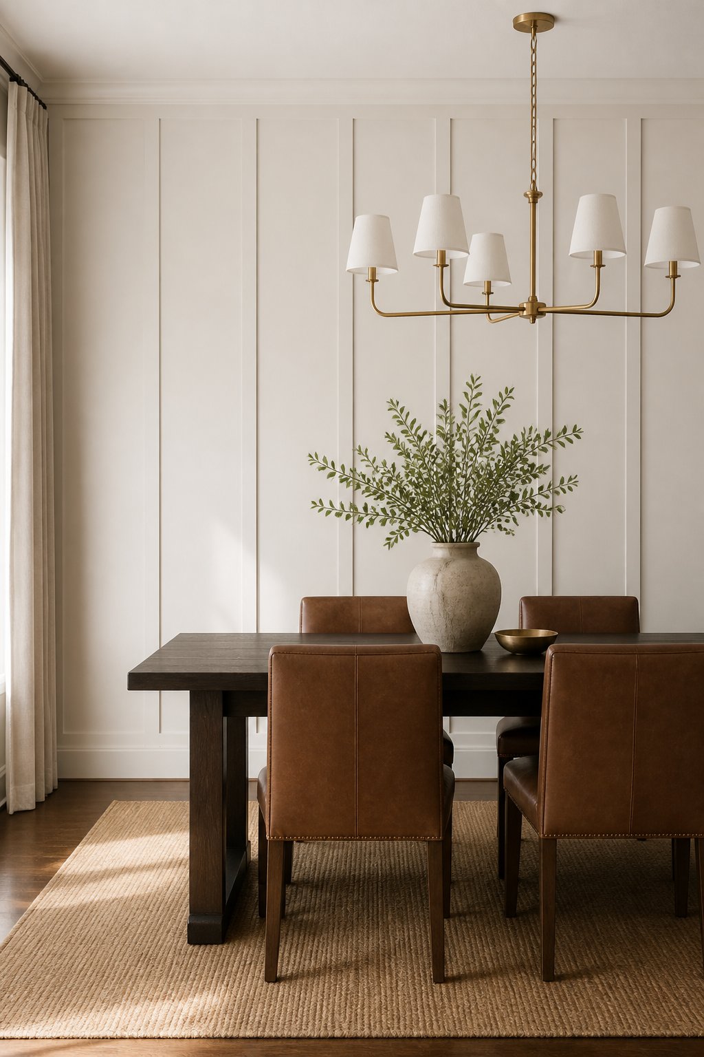 A dining room with a wood table, leather chairs, paneled walls, and hanging lights.