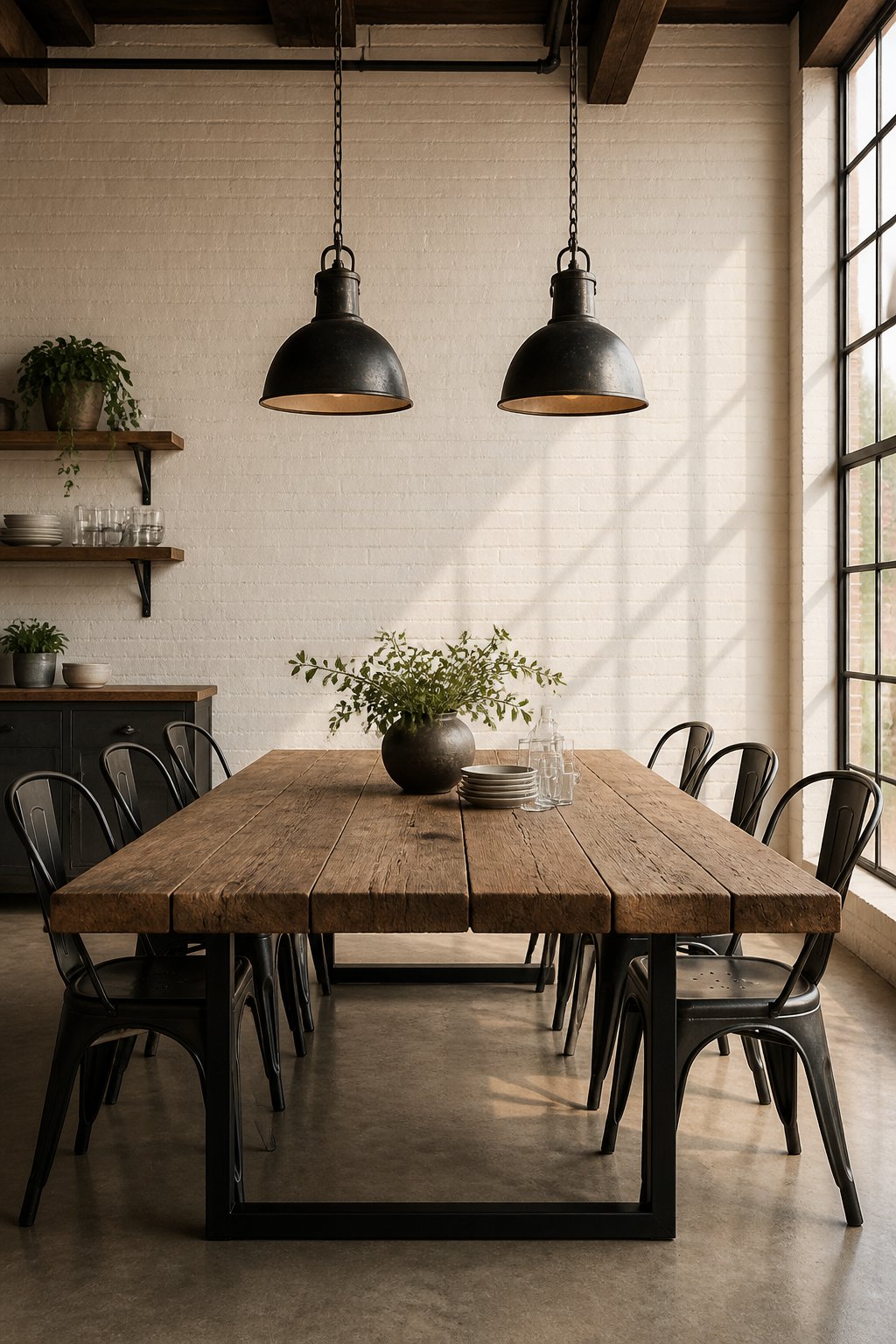 A dining area with a wooden table, pendant lights, brick walls, and large grid windows.