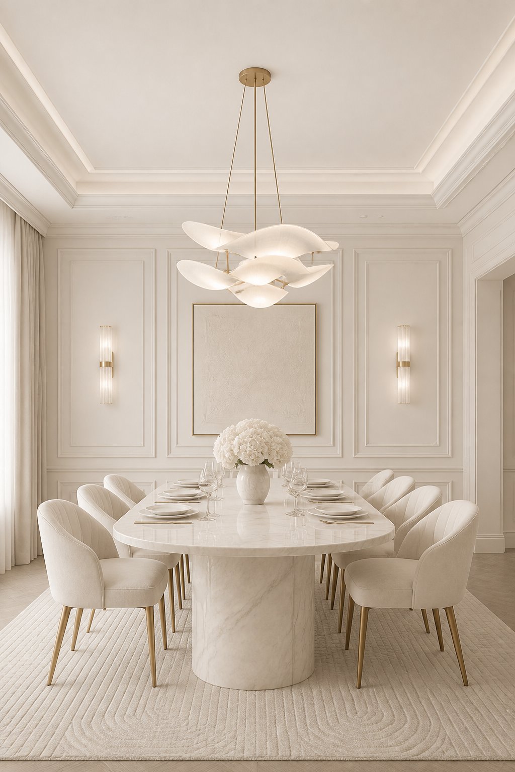 An elegant dining room with a marble table, upholstered chairs, a modern chandelier, and a textured rug.