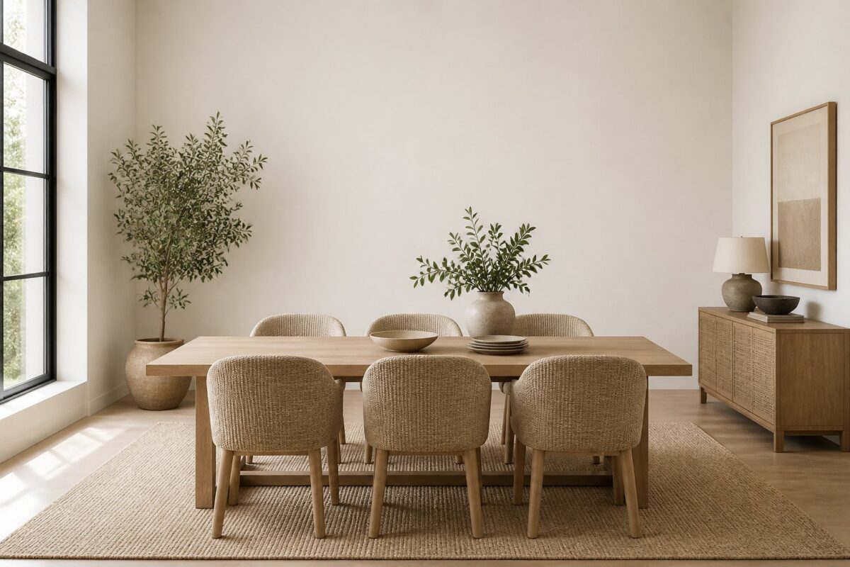 A bright dining room with a light wood table, woven chairs, large windows, green plants, and ceramic dishes.