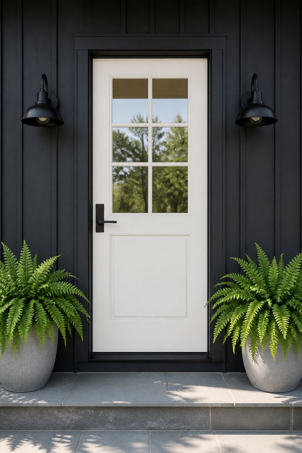 A white front door with glass panes on a porch, surrounded by dark siding, black lights, and green potted ferns.