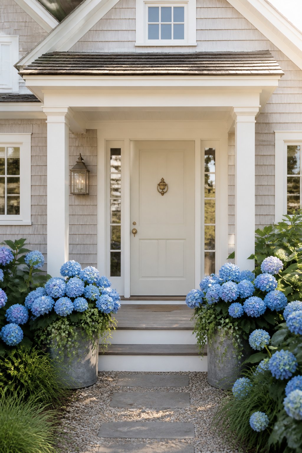 A coastal cottage entrance with a white paneled door, gray shingle siding, white trim, and blue hydrangeas beside the porch steps.