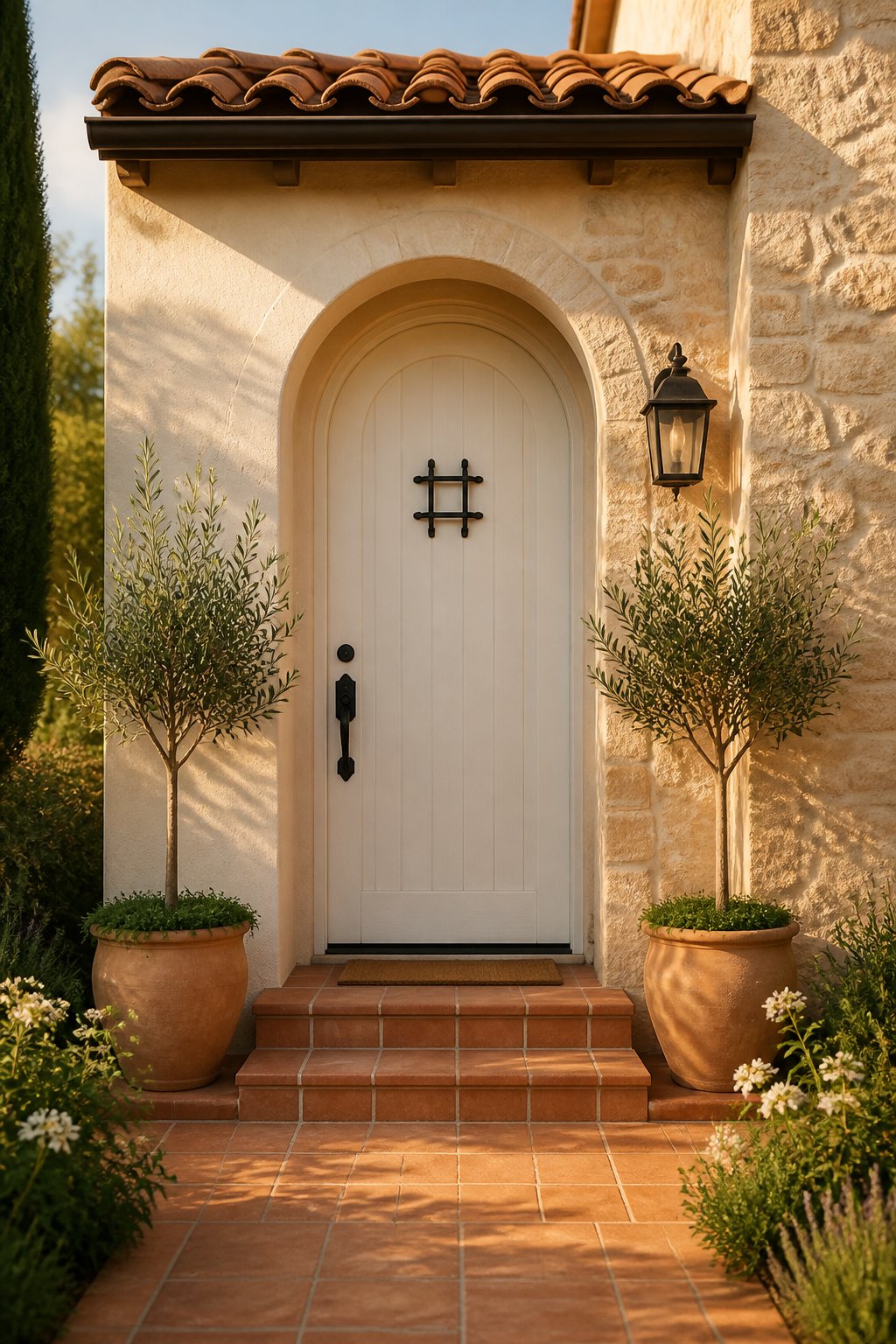 A sunlit home entrance with an arched light-colored door, stone walls, terracotta tiles, and potted trees.