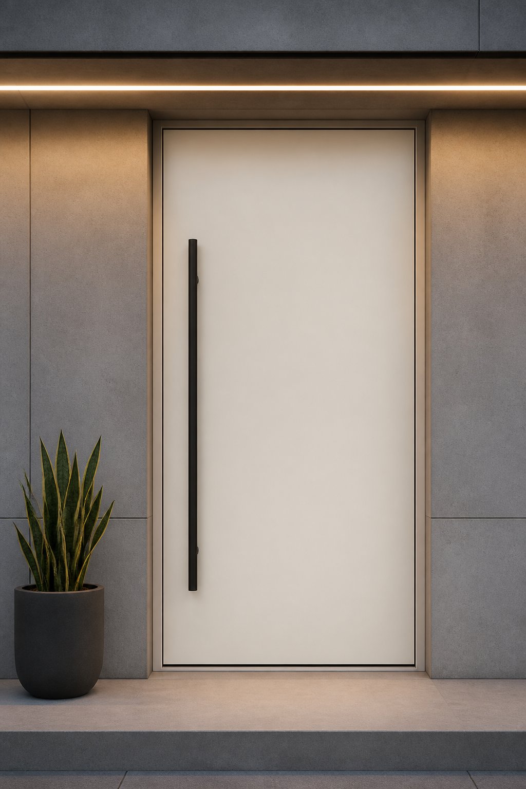 A modern front entrance with a large light-colored door, dark handle, concrete walls, recessed lighting, and a potted plant.