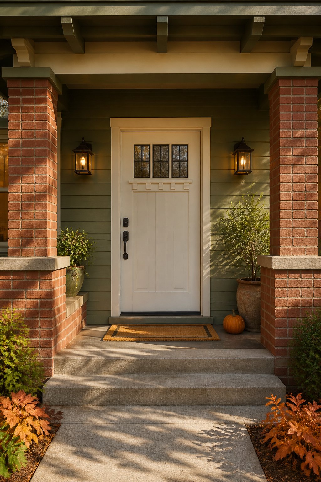 Front view of a Craftsman bungalow entryway with a light-colored glass-paneled door, brick columns, green trim, bronze lanterns, and a welcome mat.