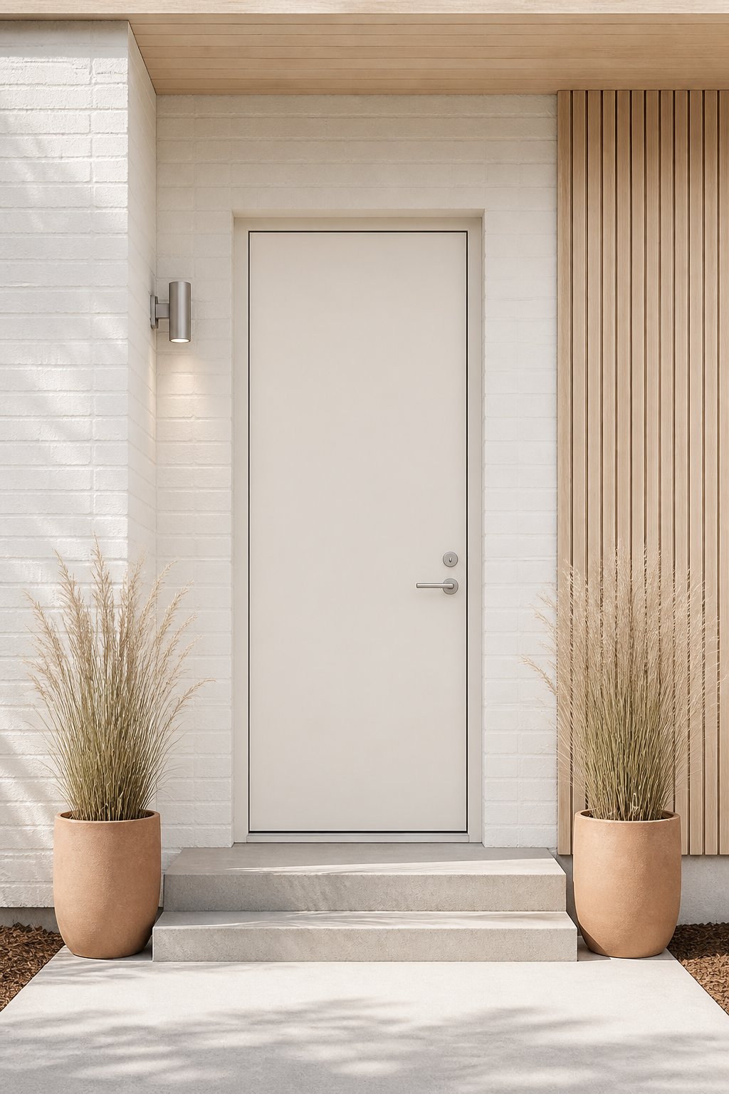 A modern front entrance with a light-colored door, white brick, wood siding, and two terracotta pots with tall grass.
