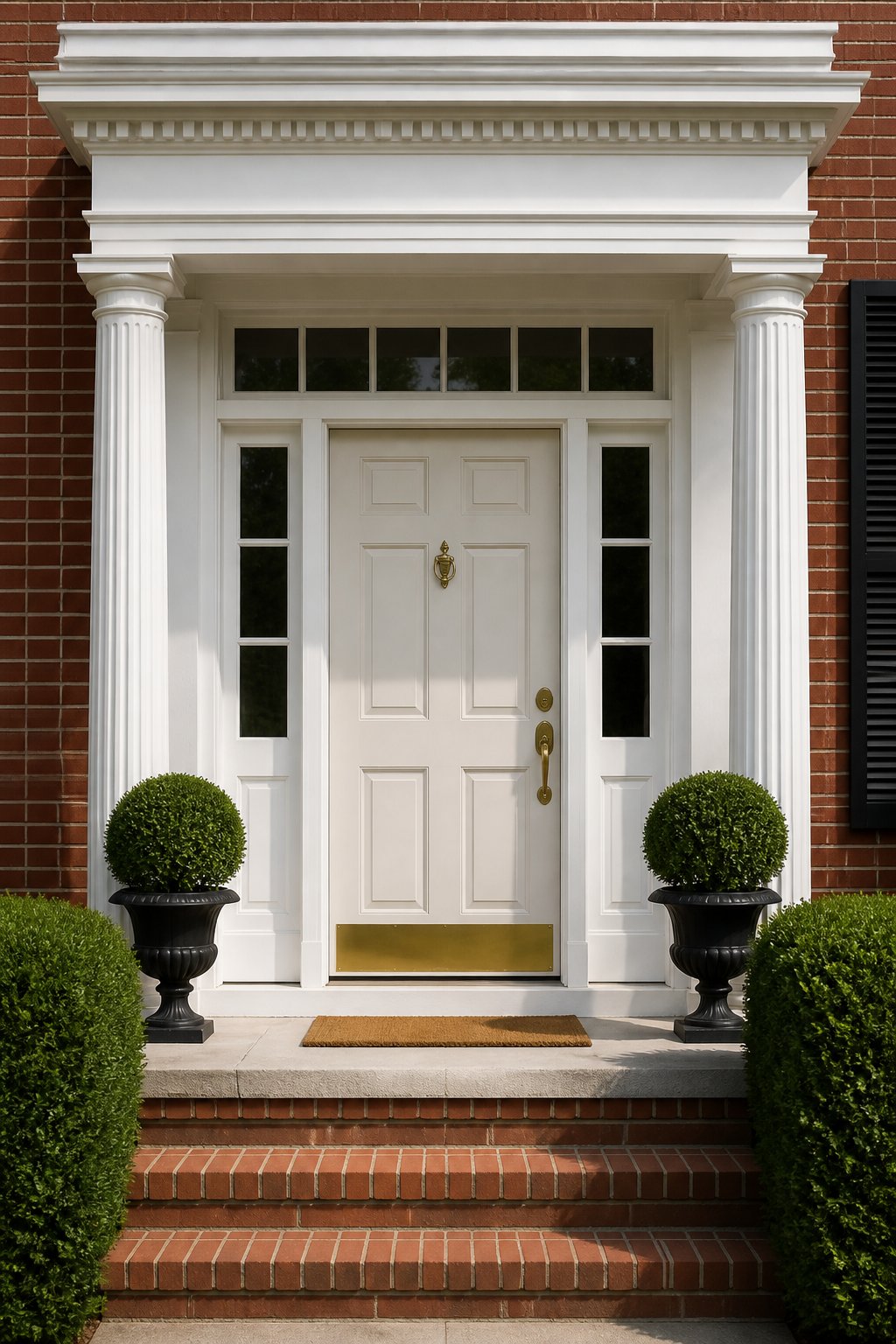 A white six-panel front door beneath a columned portico, set in a red brick facade with boxwood plants in urns.