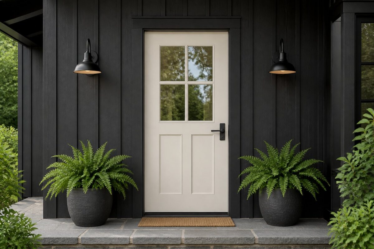 A white front door with glass panes sits in a dark-sided entryway beside potted ferns.