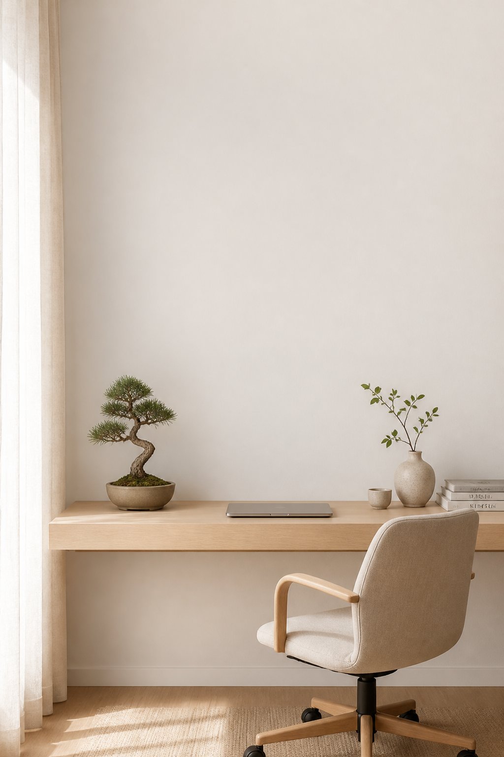 A minimalist home office with a light wood desk, beige chair, bonsai tree, ceramic vase, and soft daylight through curtains.