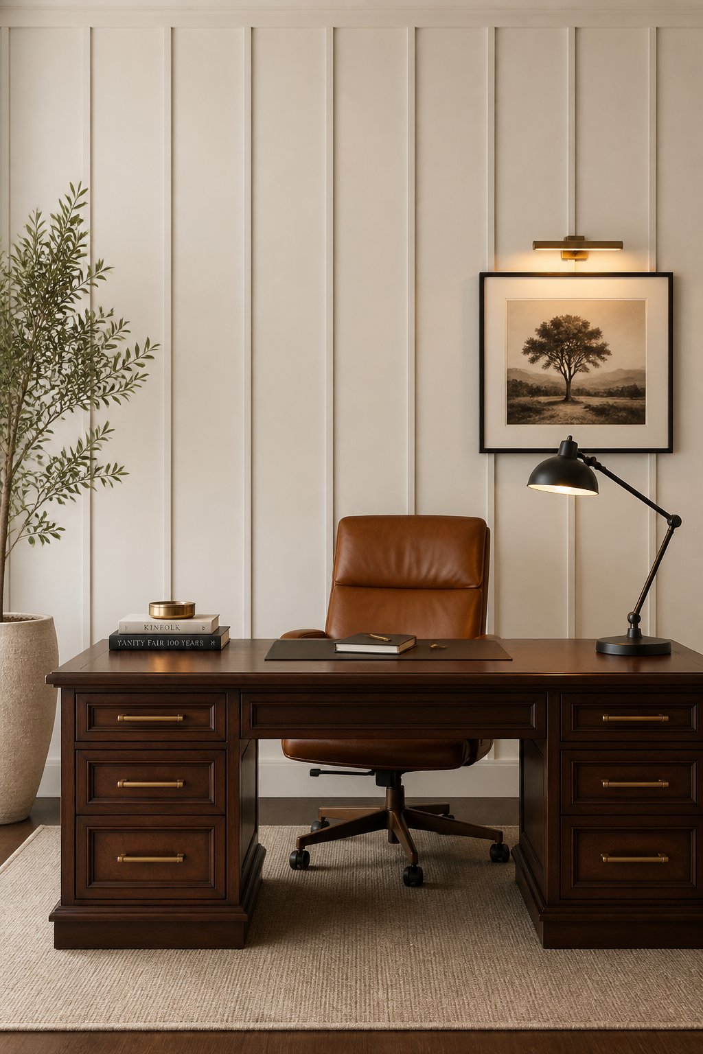 A modern executive home office with a paneled light wall, walnut desk, leather chair, and desk lamp.