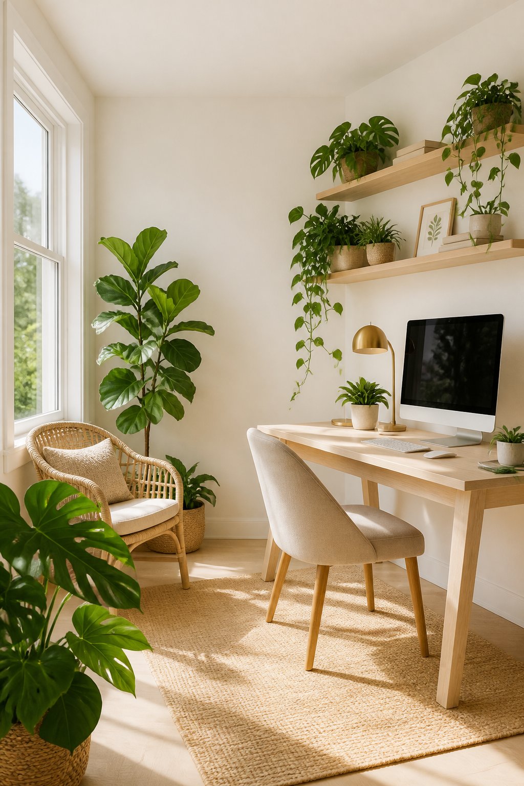 A bright home office with white walls, a wooden desk, a wicker chair, and many green plants.