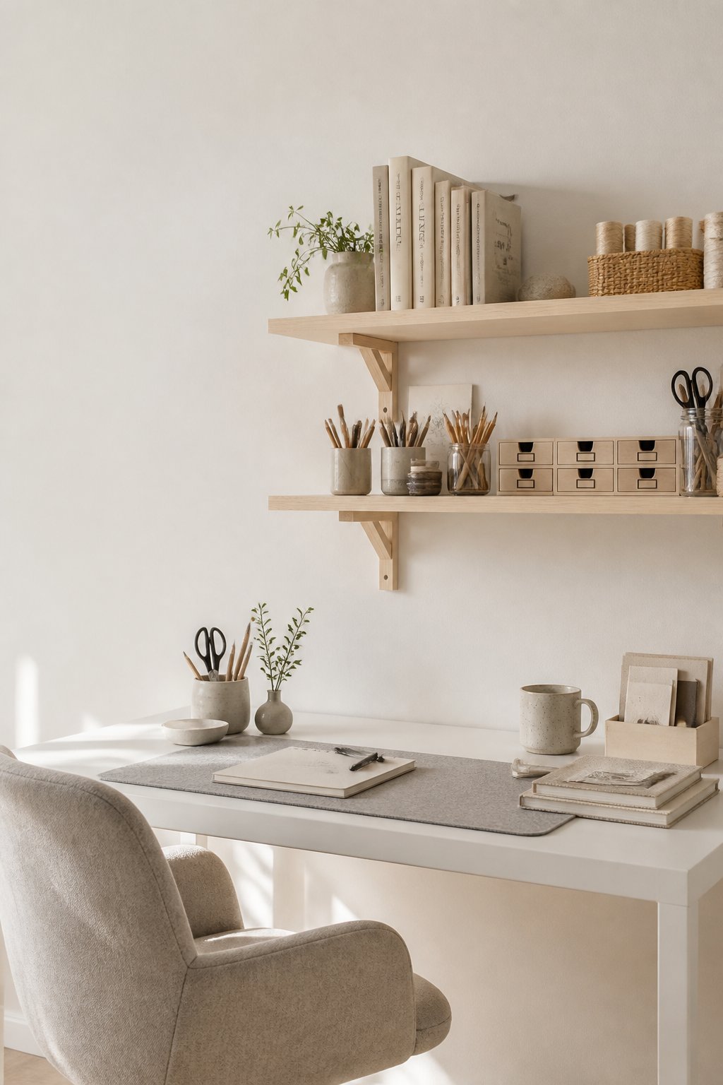 A bright home office with wall shelves, a white desk, craft supplies, books, and a desk chair.