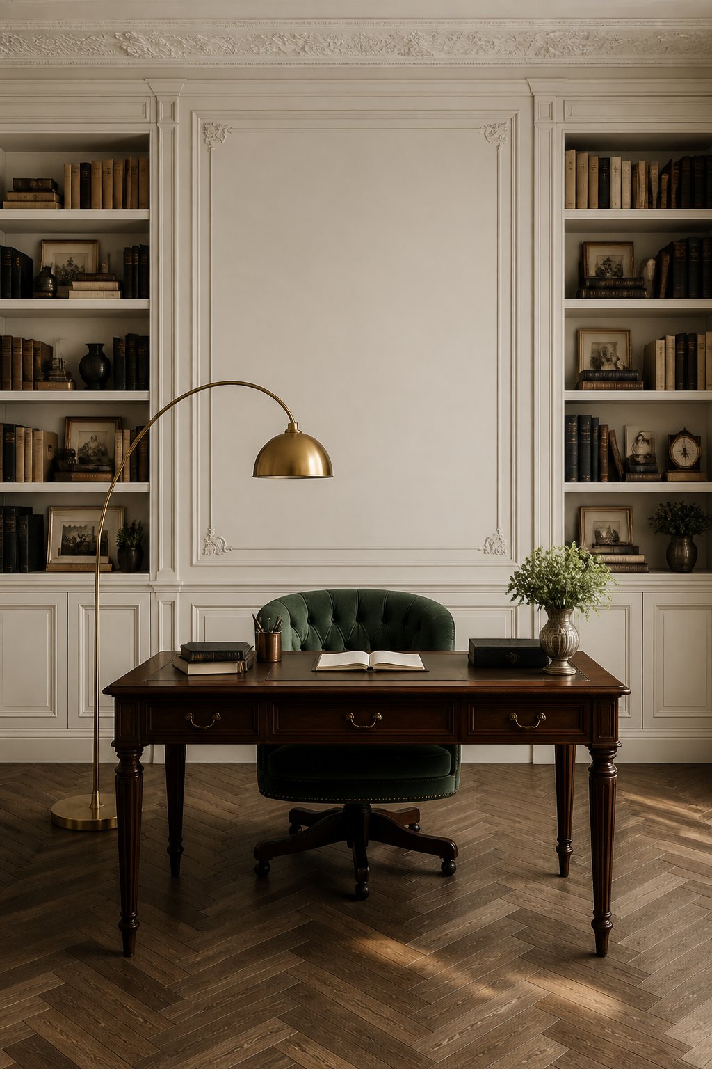 A refined home office library with bookshelves, a desk, an armchair, a brass floor lamp, and hardwood flooring.
