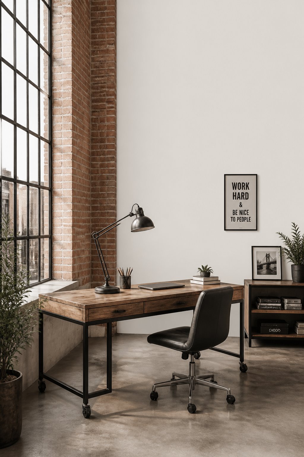 A modern loft home office with light walls, a red brick column, a dark wood and metal desk, concrete floors, and large windows.
