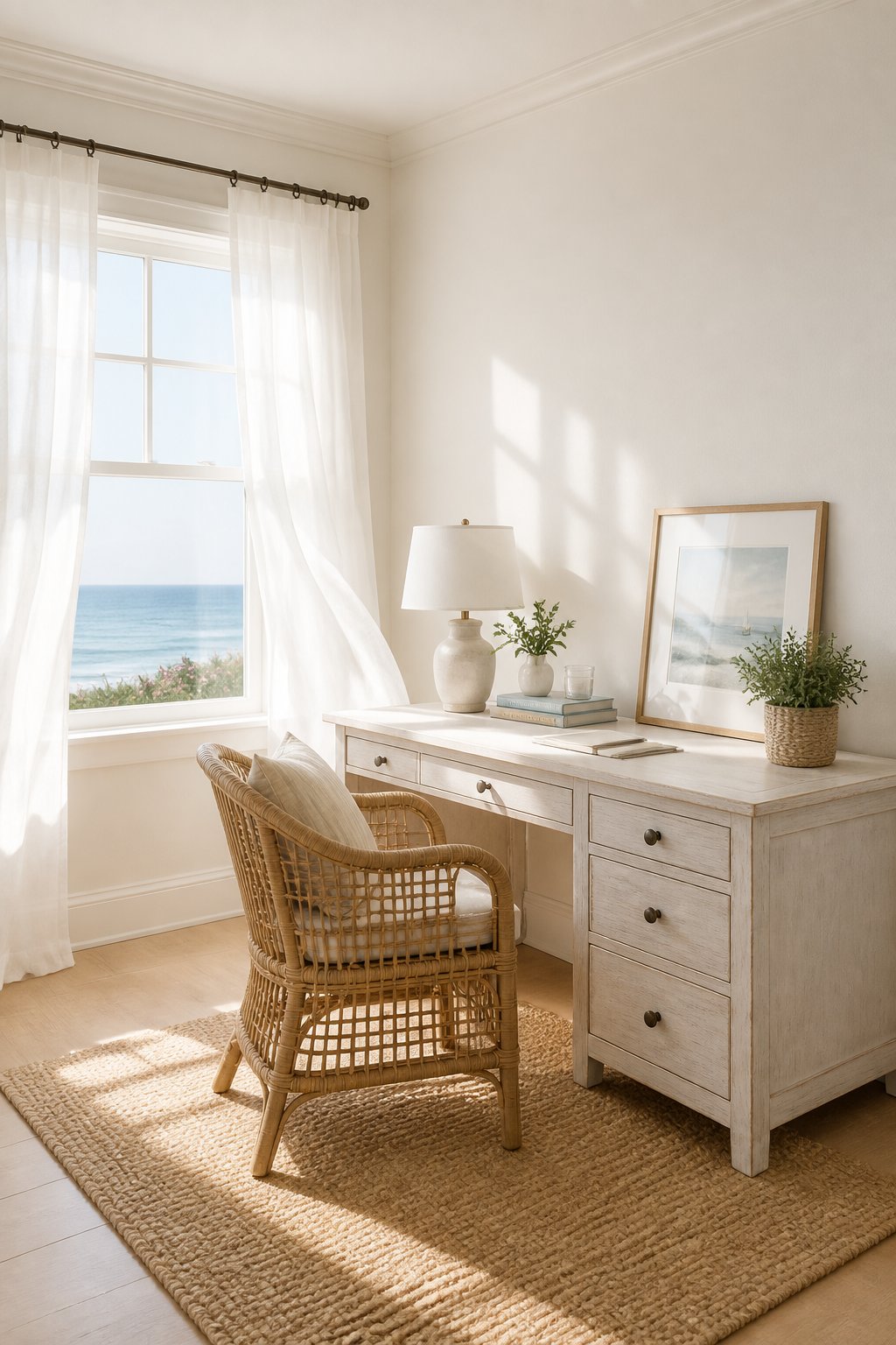 A bright home office with a white desk, rattan chair, linen curtains, and a jute rug on light wood flooring.