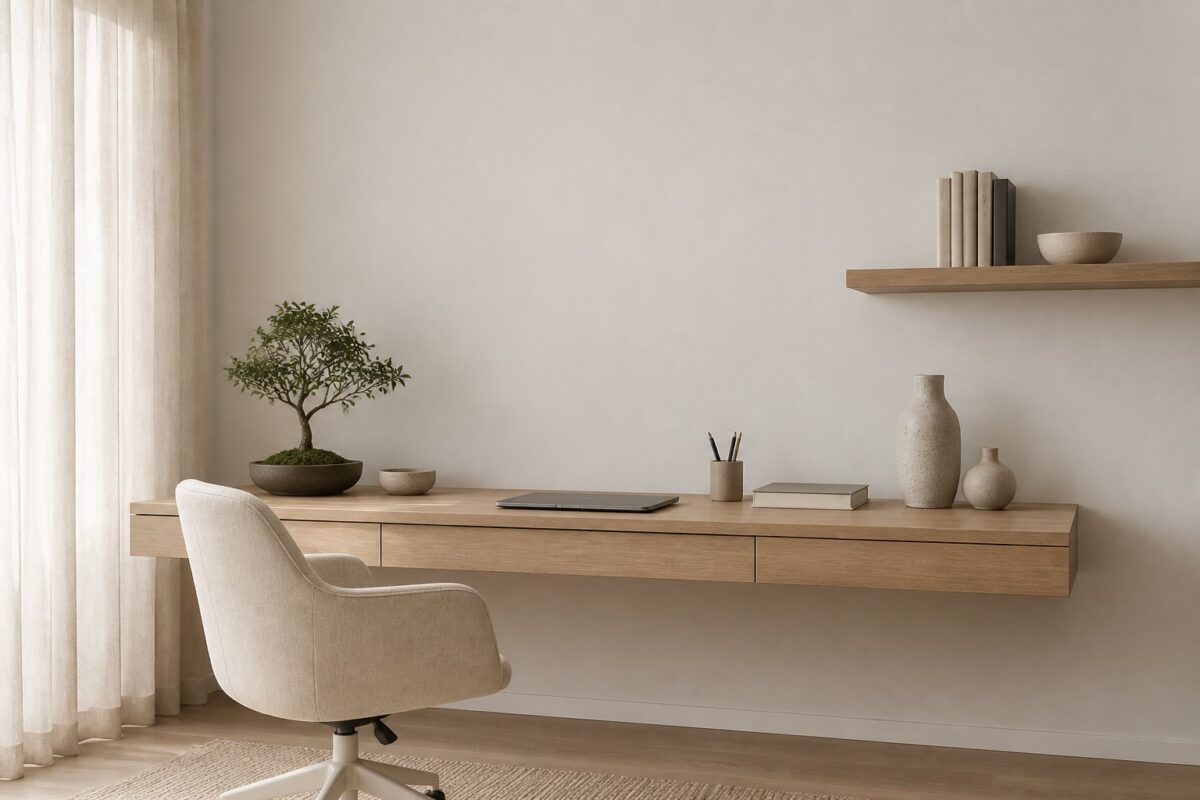 A bright minimalist home office with white walls, a floating wood desk, a beige chair, a small bonsai tree, and sheer curtains.