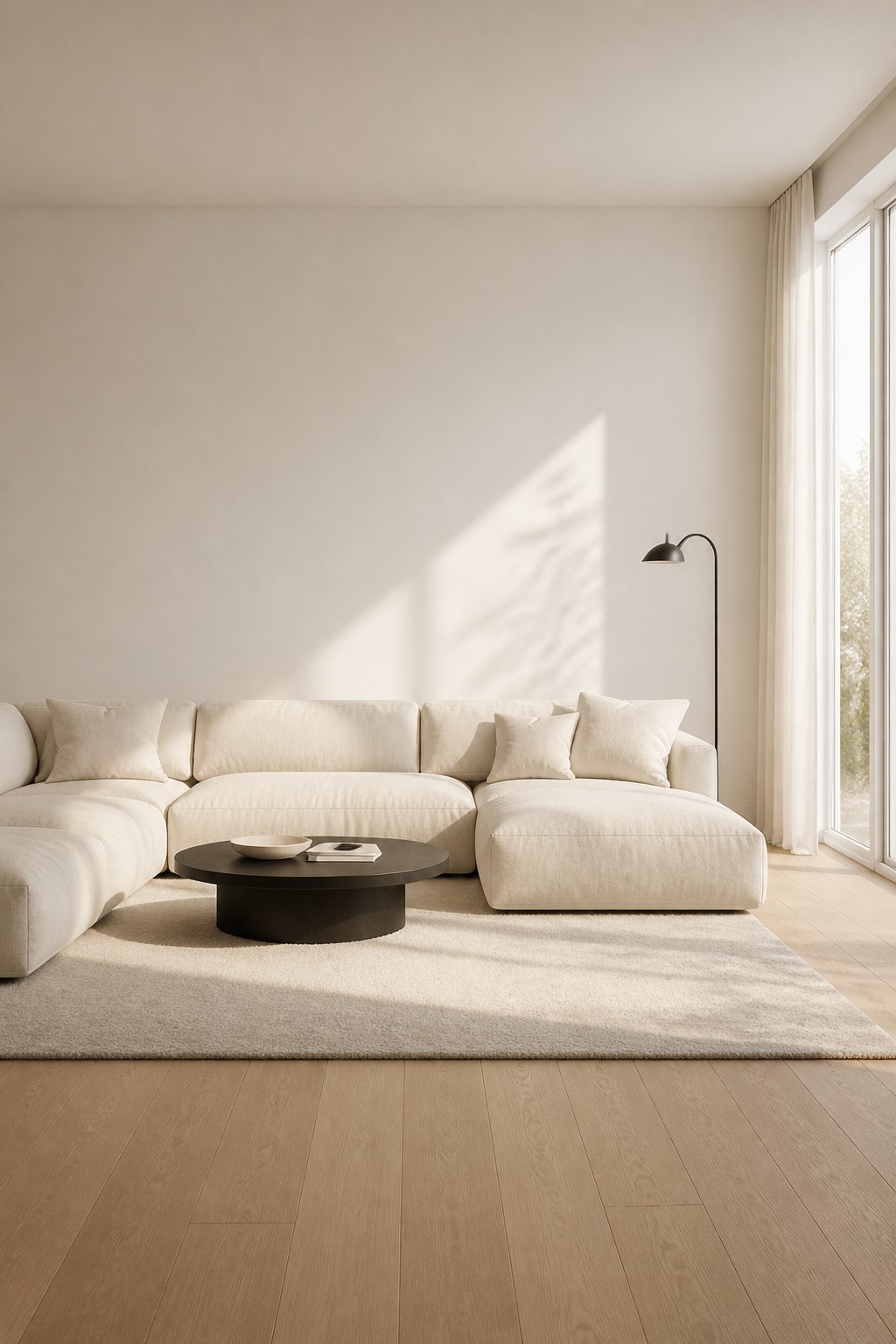A modern living room with white walls, light wood flooring, a cream sectional sofa, a black floor lamp, and large sunlit windows.
