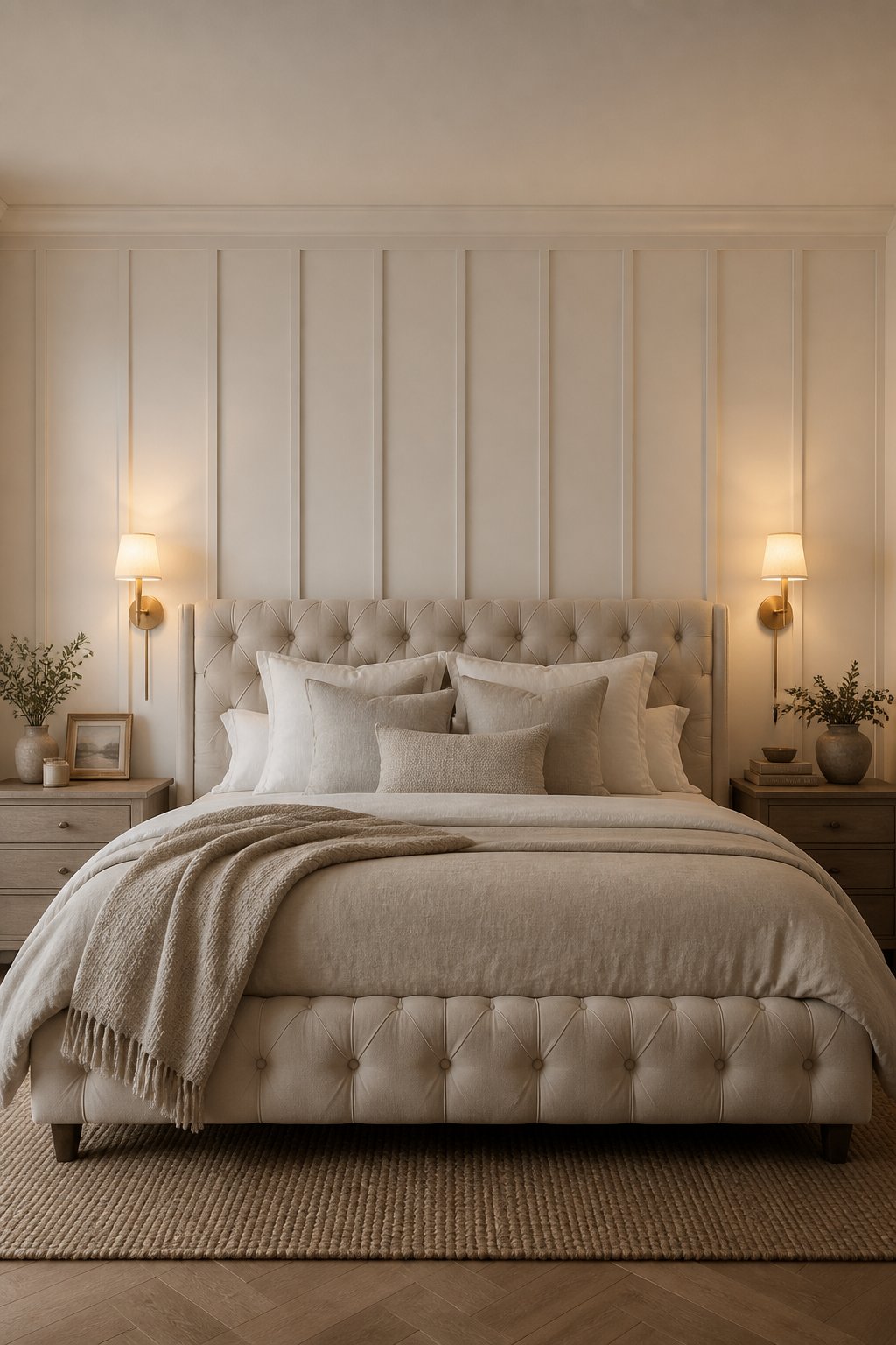 A cozy bedroom with a large upholstered bed, neutral bedding, wall sconces, and a paneled accent wall.