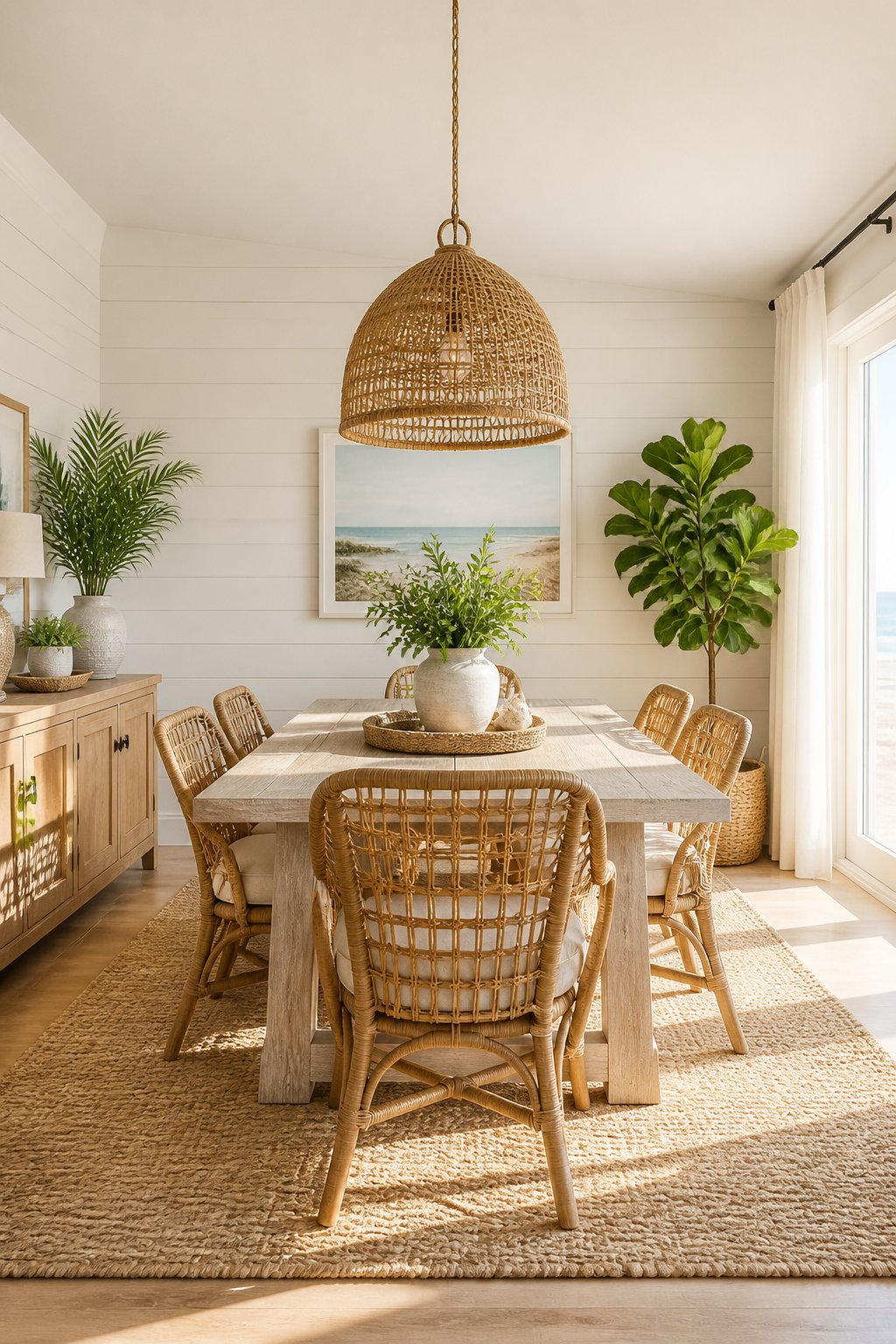A bright dining room with a wooden table, woven chairs, plants, and sunlight coming through sheer curtains.
