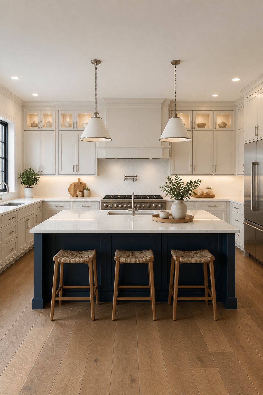 A modern kitchen with light perimeter cabinets, a dark blue island, marble countertops, and warm lighting.