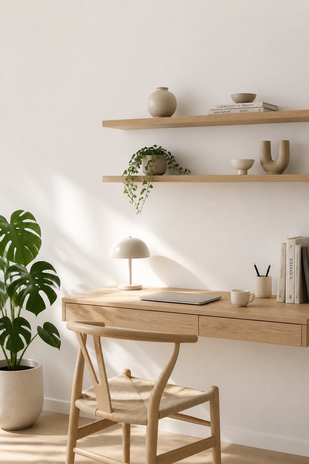 A bright home office with white walls, a wooden desk, wall shelves, ceramics, and a green monstera plant.