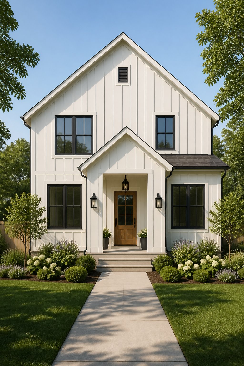 A white farmhouse with dark-framed windows, a wooden front door, lanterns, and a landscaped lawn in daylight.
