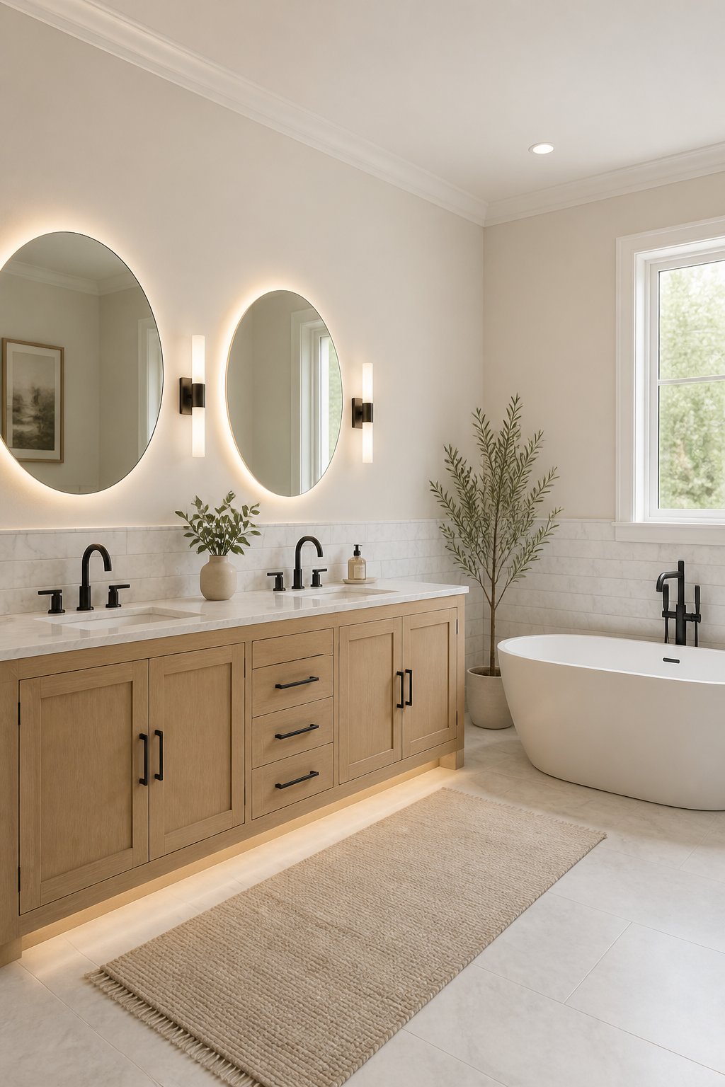 A luxurious bathroom with a double vanity, mirrors, marble walls, and a freestanding soaking tub.