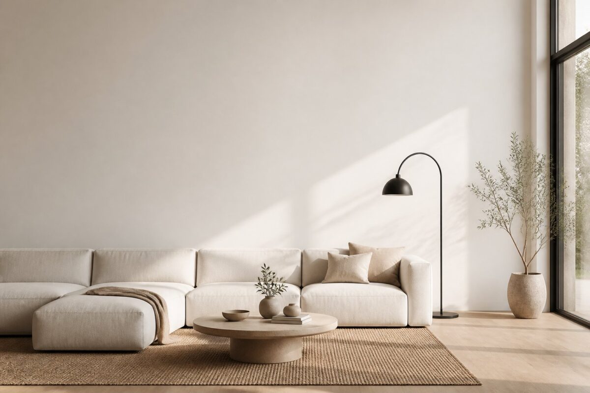 A minimalist living room with pale walls, light wood flooring, a cream sectional sofa, a black floor lamp, and sunlight through large windows.