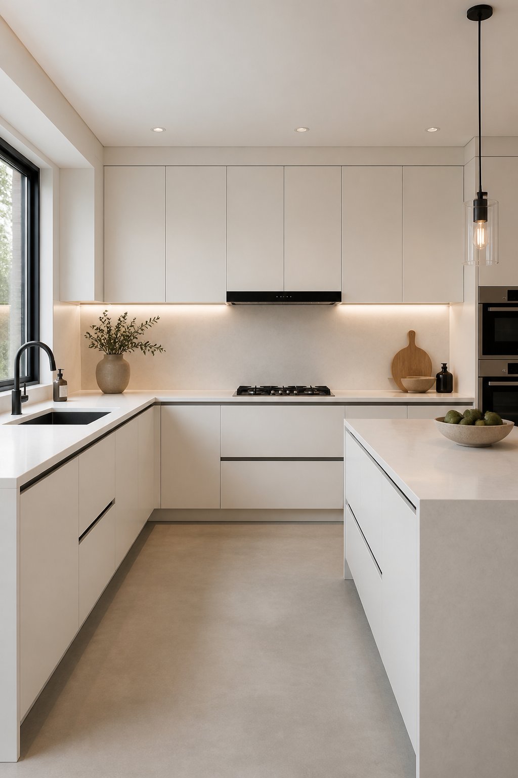 A modern kitchen with light cabinets, dark handles, white countertops, and concrete flooring.