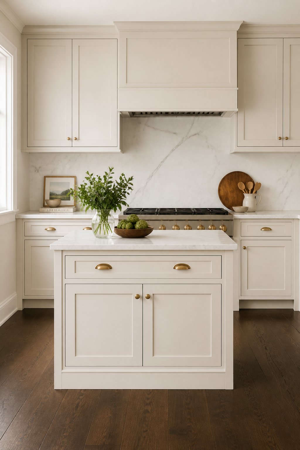 A bright kitchen with white cabinets, a marble backsplash, brass hardware, and dark wood flooring.