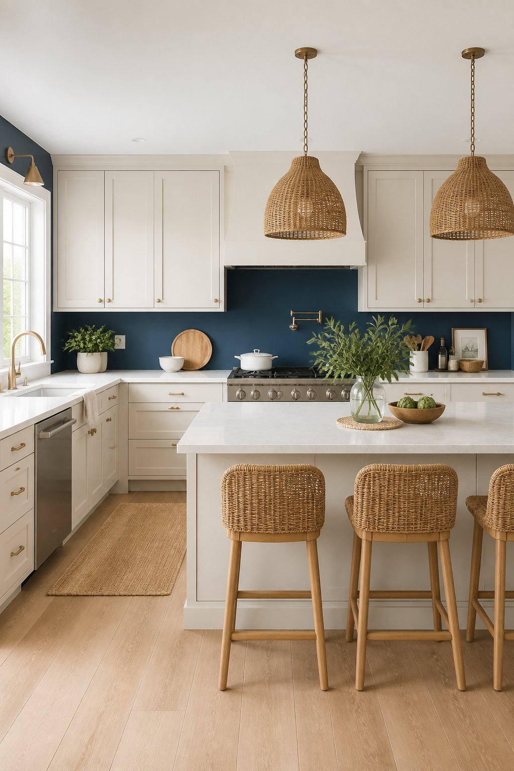 A bright kitchen with off-white cabinets, a navy wall, a light island countertop, pendant lights, and light wood flooring.