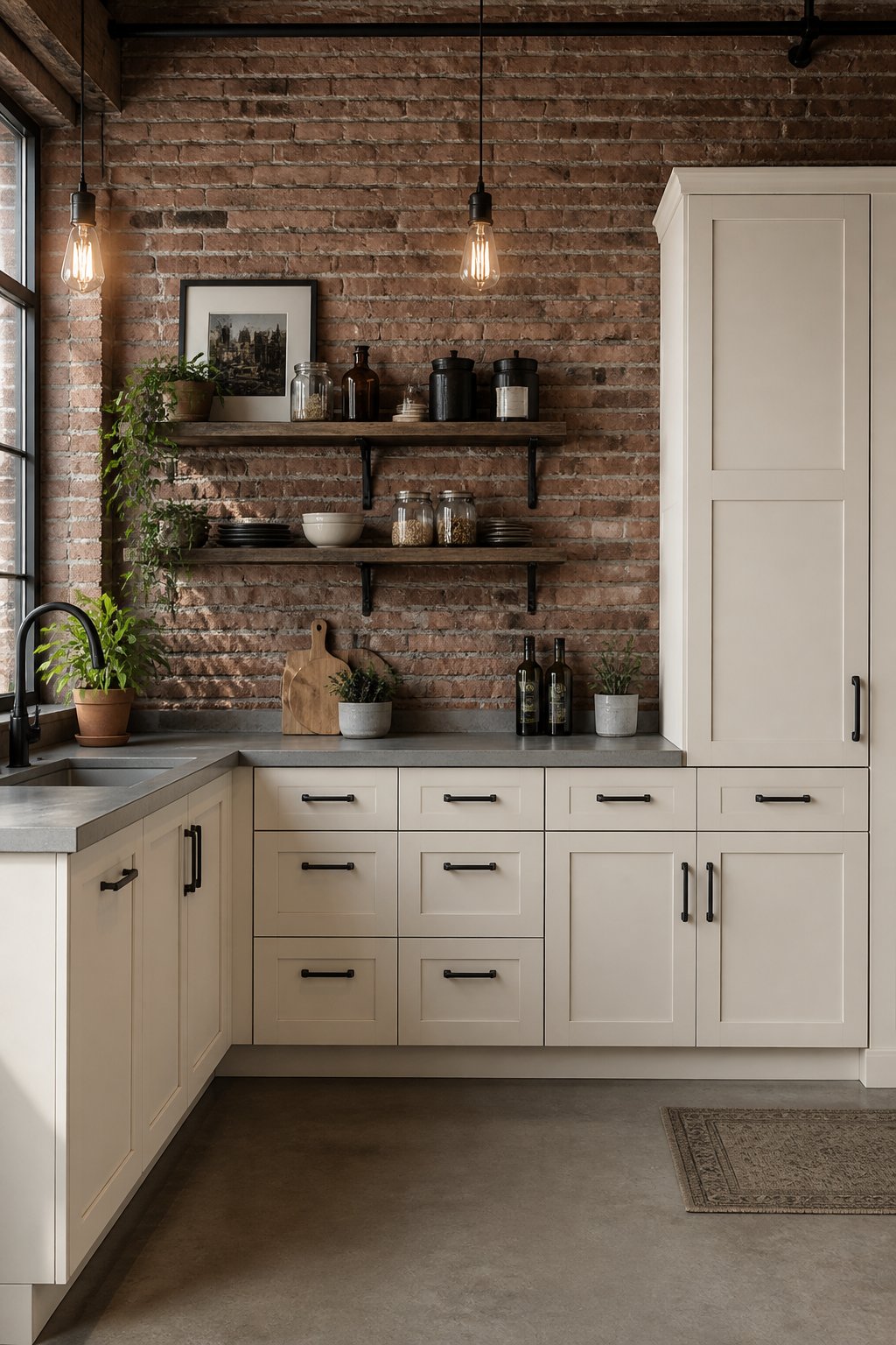 A loft kitchen with off-white cabinets, exposed red brick walls, concrete countertops, black shelving, and hanging pendant lights.