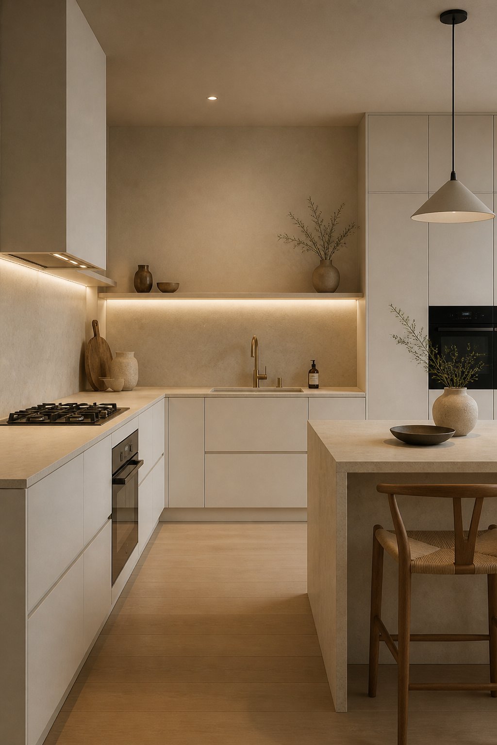 A bright minimalist kitchen with pale cabinets, stone countertops, warm walls, and soft lighting.