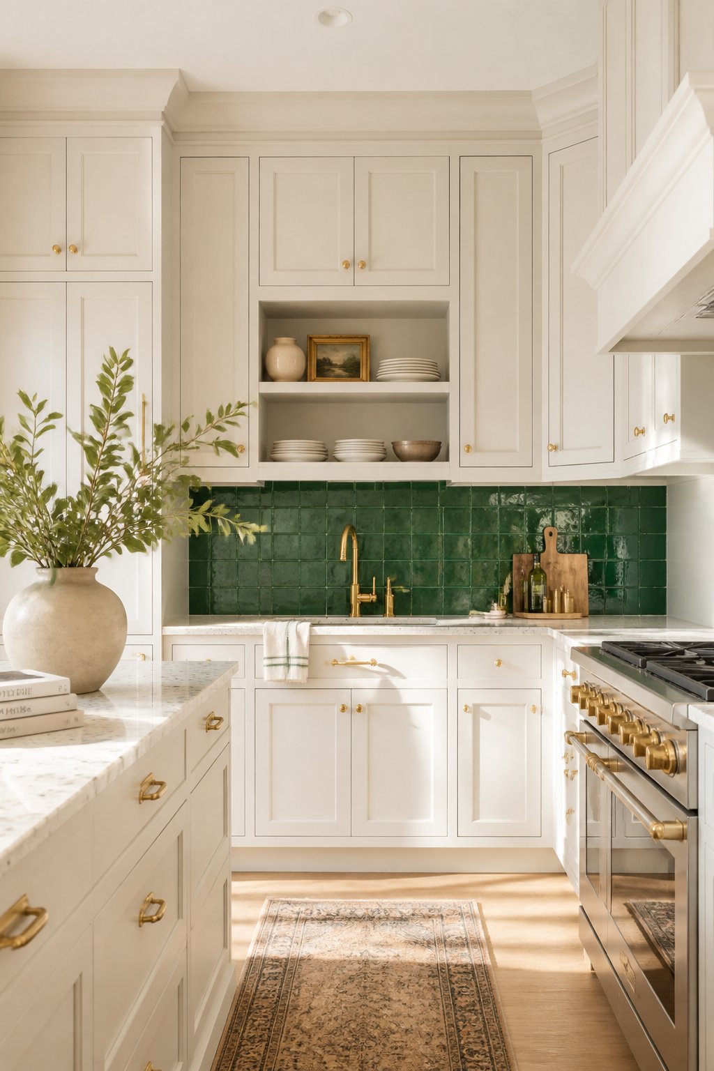 A bright kitchen with off-white paneled cabinets, emerald green backsplash tiles, gold hardware, and white countertops.