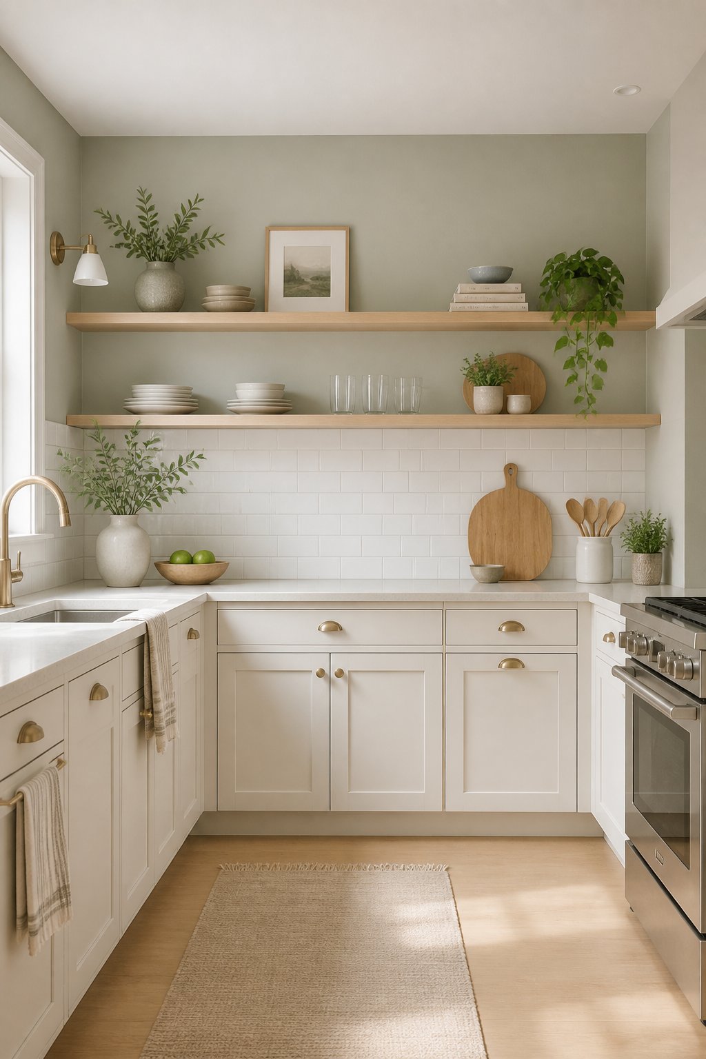 A bright kitchen with white cabinets, green walls, open shelves, tiled backsplash, and light wood flooring.