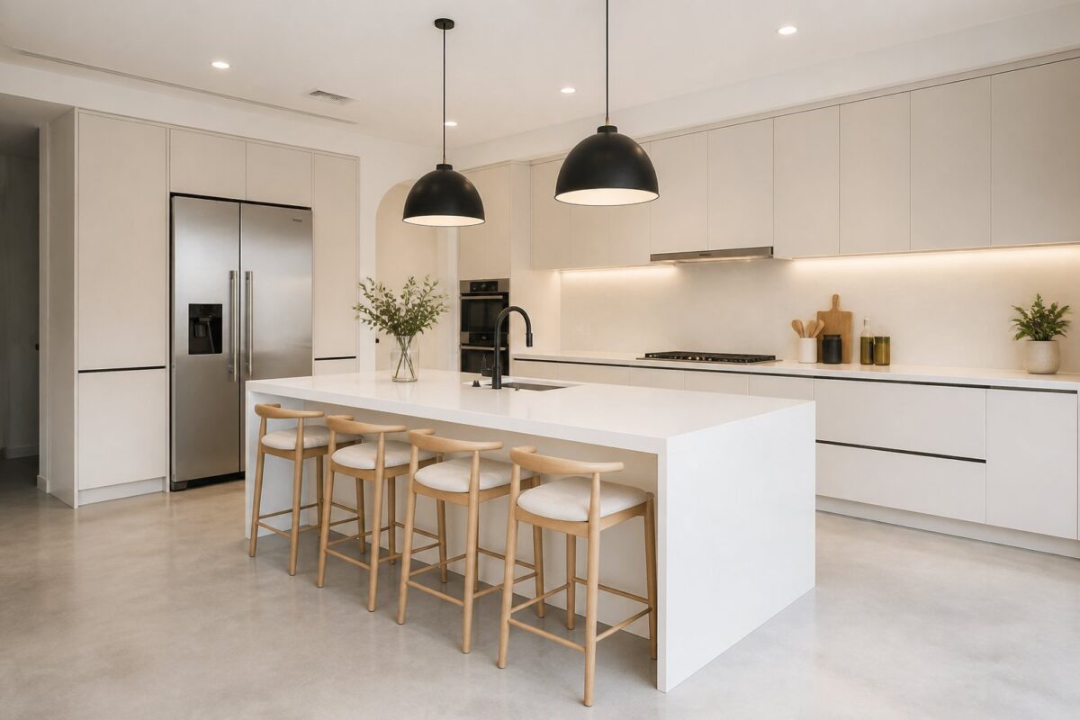 A modern kitchen with off-white cabinets, black handles, white countertops, and light concrete floors.