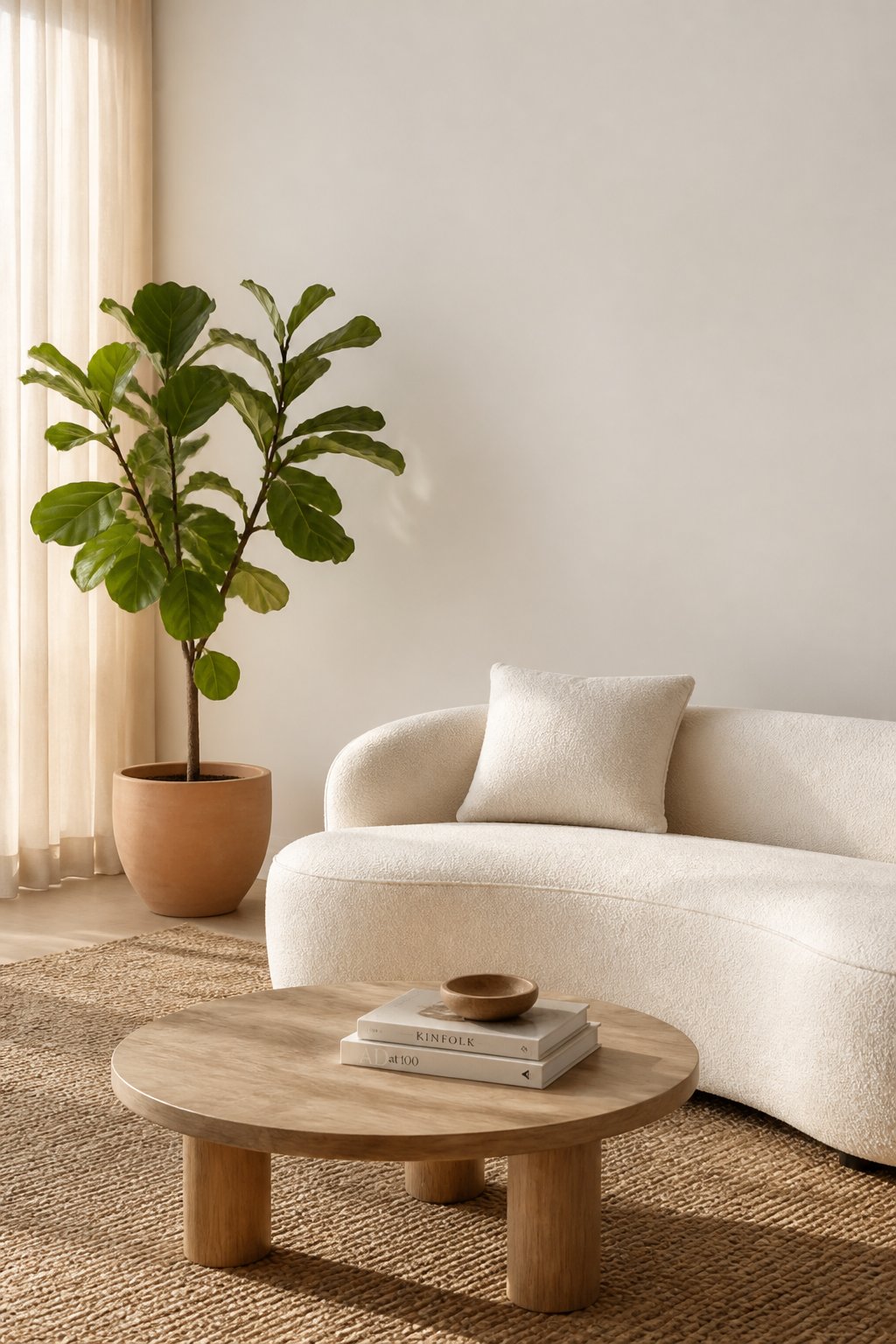 A bright living room with a curved cream sofa, wooden coffee table, rug, curtains, and a potted fiddle-leaf fig tree.