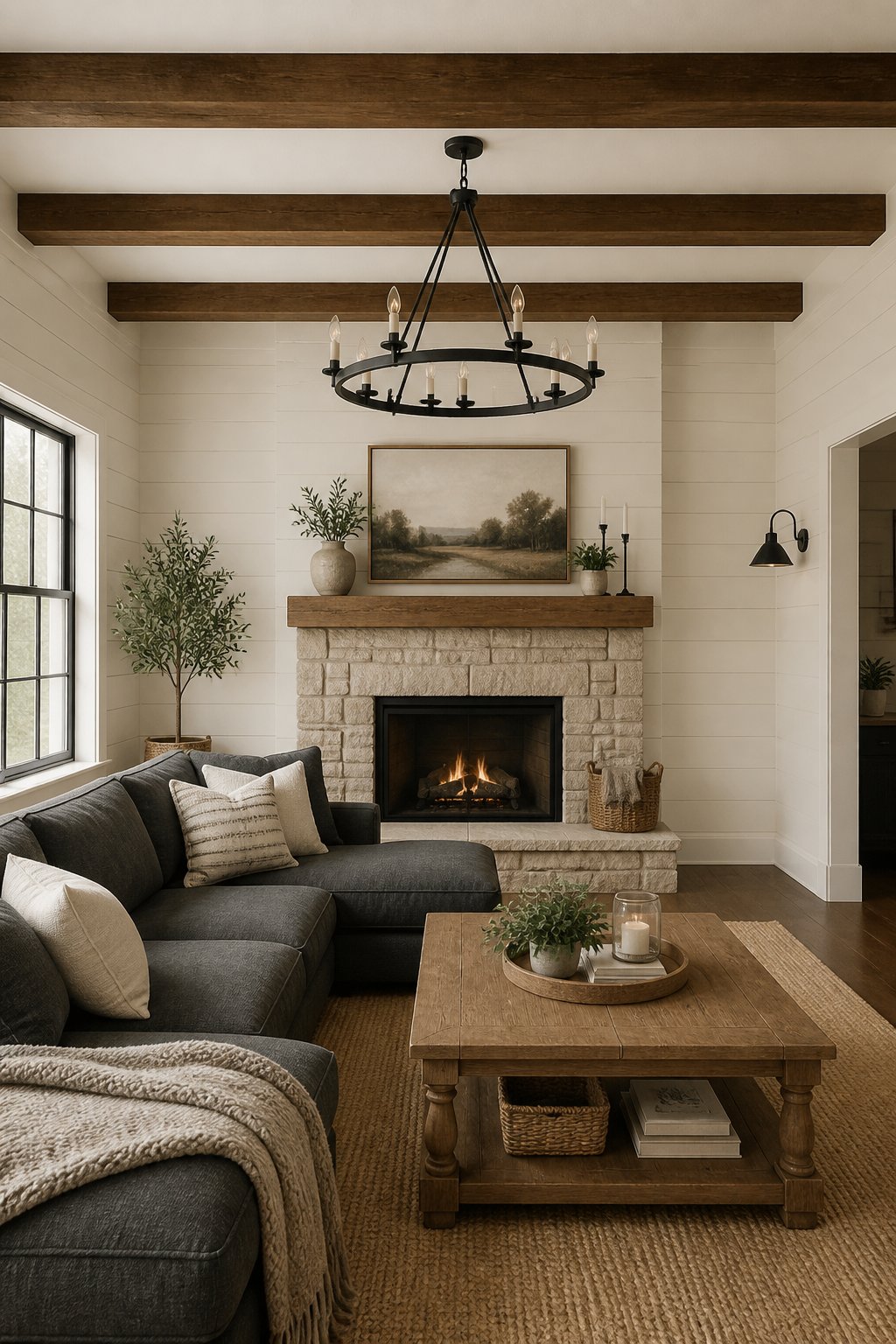 A bright living room with white walls, dark ceiling beams, a stone fireplace, and a gray sectional sofa.