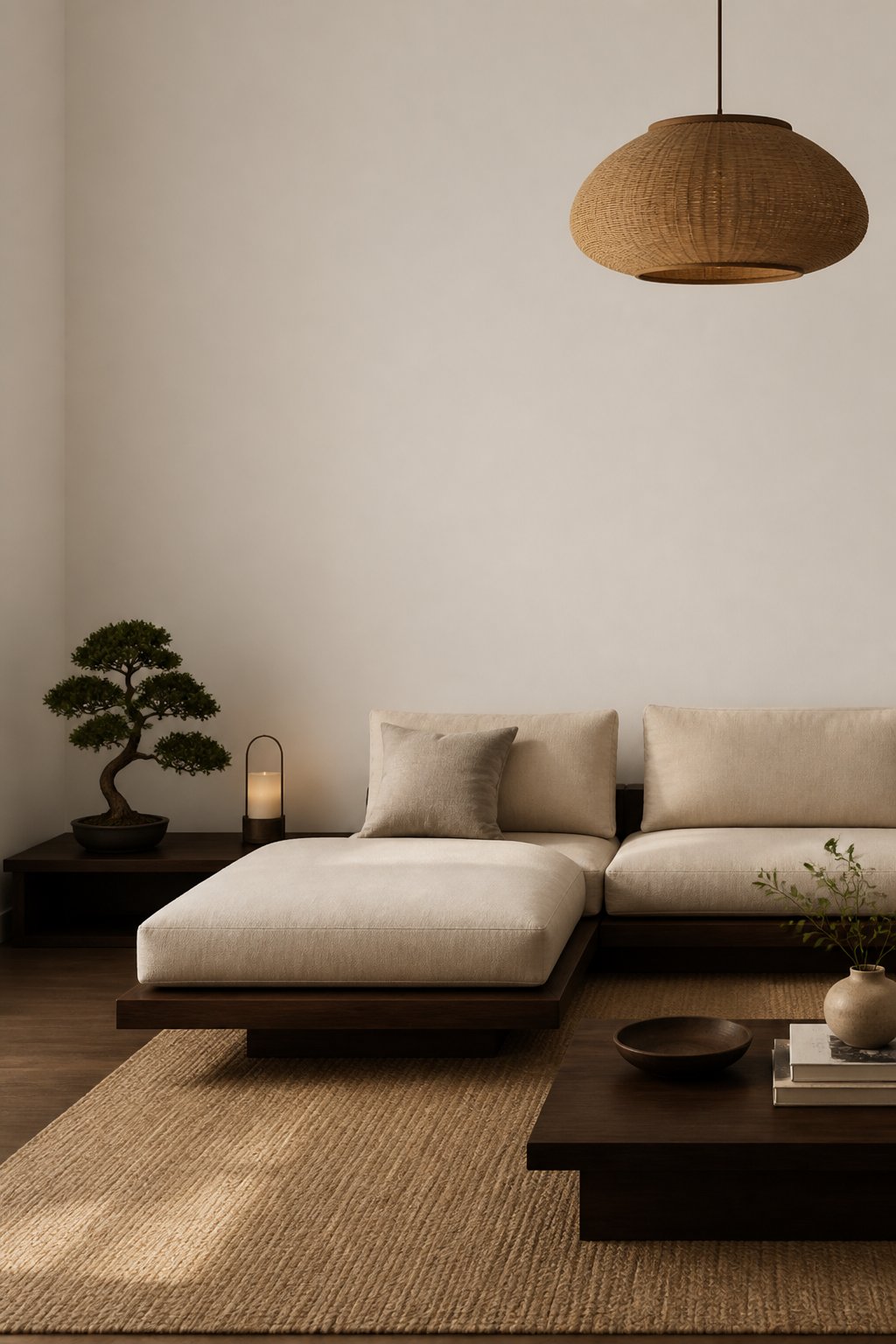 A calm living room with low wooden furniture, soft cushions, a hanging lamp, and a small bonsai tree.