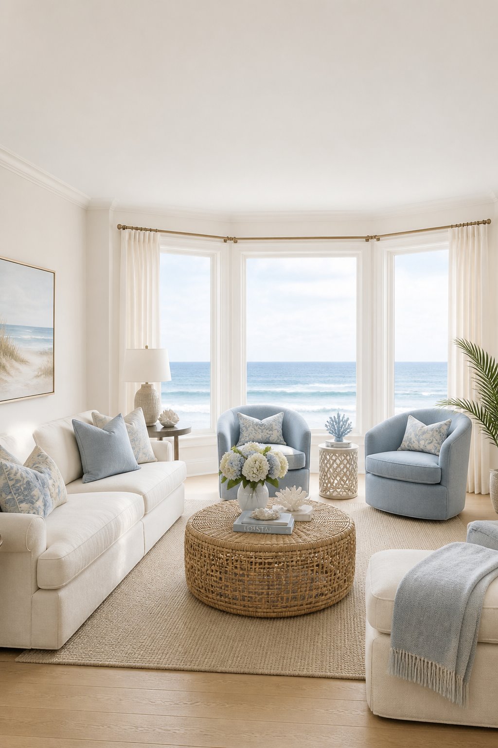 A bright living room with bay windows overlooking the ocean, blue chairs, a woven coffee table, and light wood flooring.