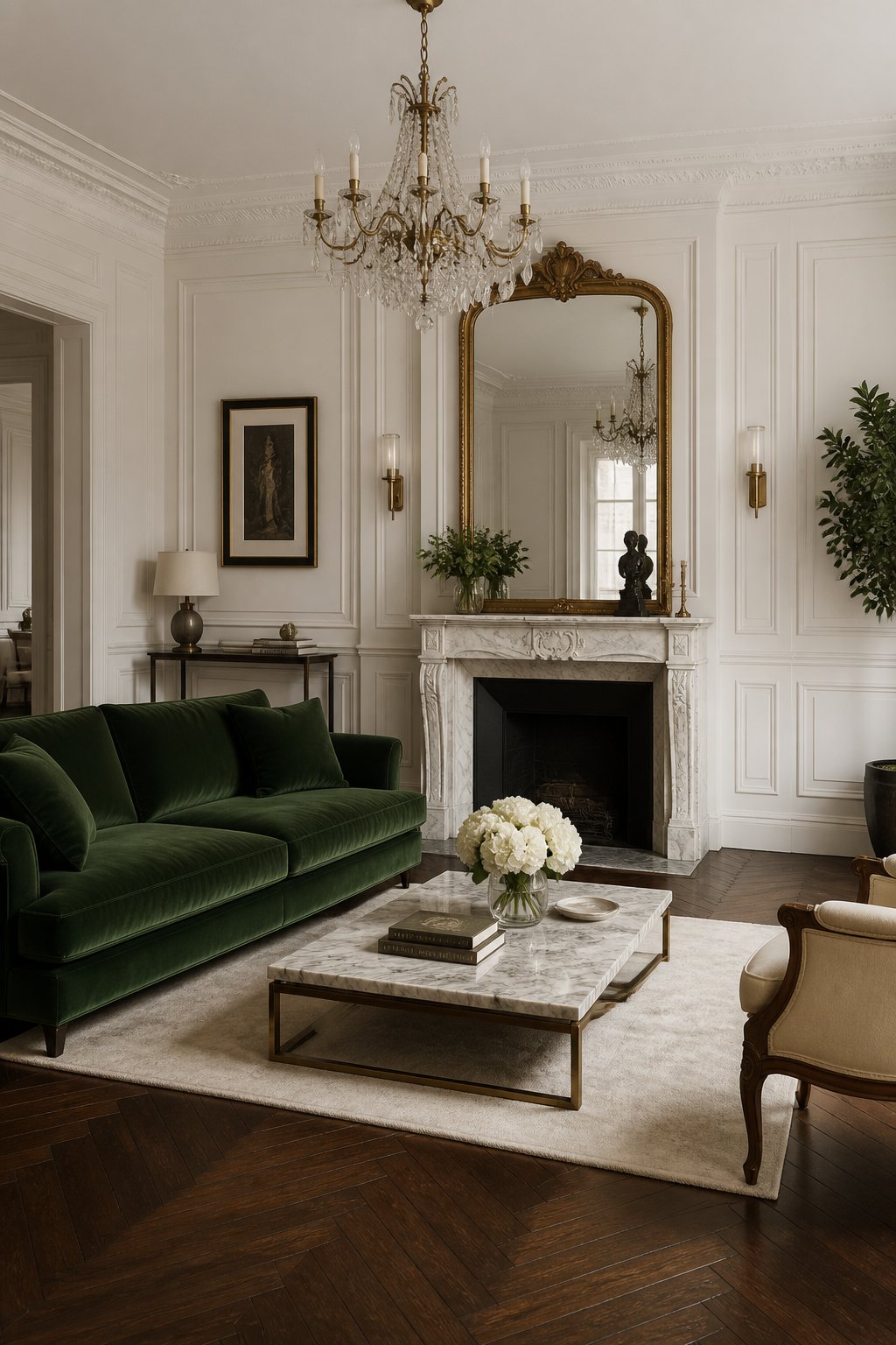 An elegant living room with white paneled walls, dark wood flooring, a green sofa, a fireplace with a large gold mirror, and a chandelier.
