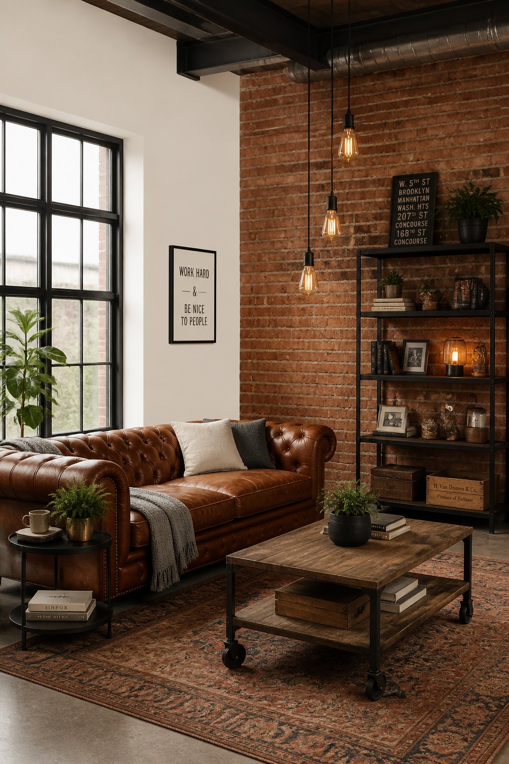 A loft living room with a brown leather sofa, white walls, a red brick accent wall, large windows, hanging lights, and a bookshelf.