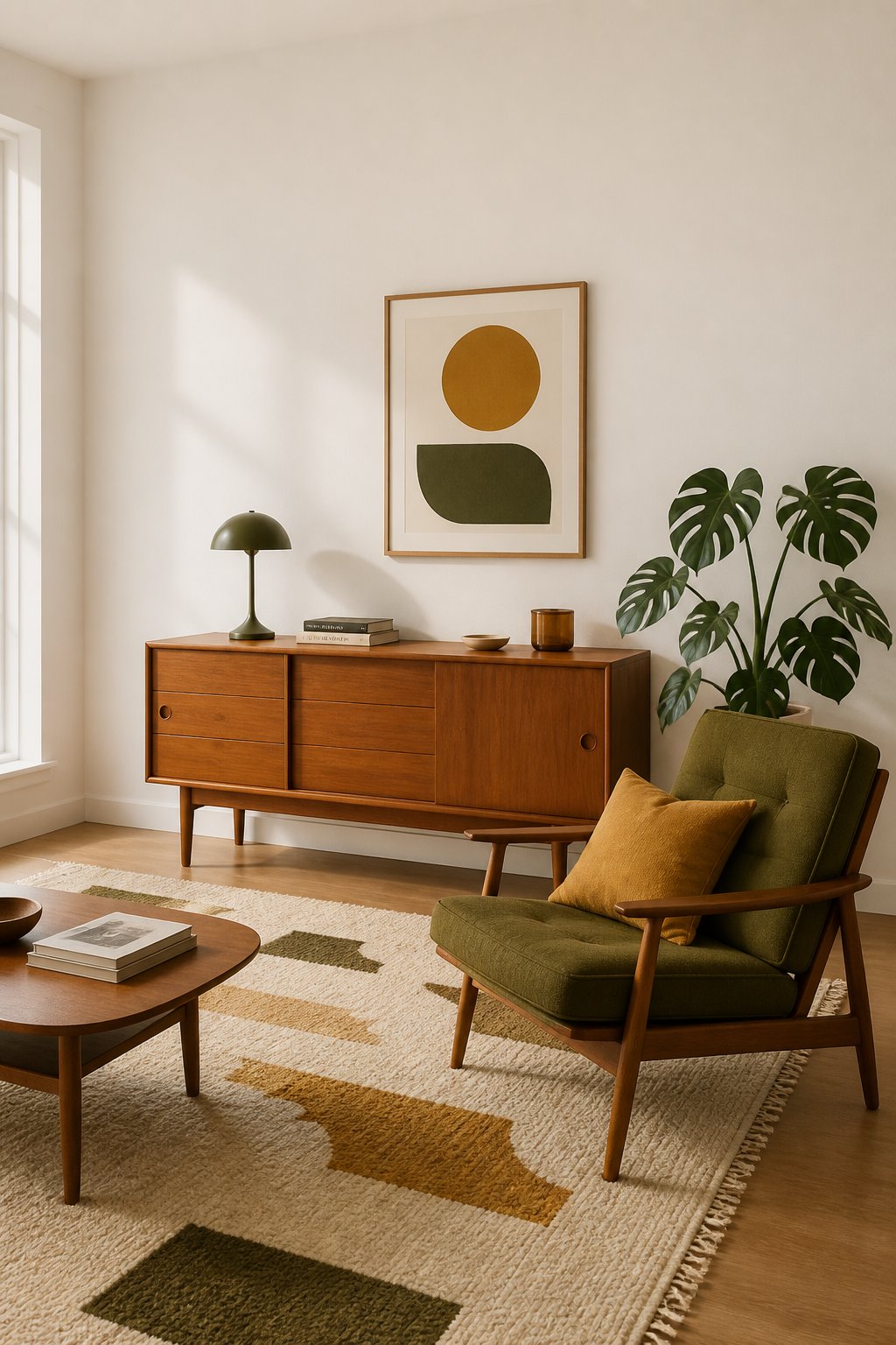 A sunlit living room with light walls, wooden furniture, a green chair, patterned rug, yellow cushions, and a large leafy plant.