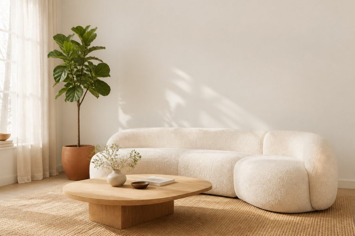 A bright living room with a curved cream sofa, light wood coffee table, textured rug, sheer curtains, and a potted fiddle-leaf fig.