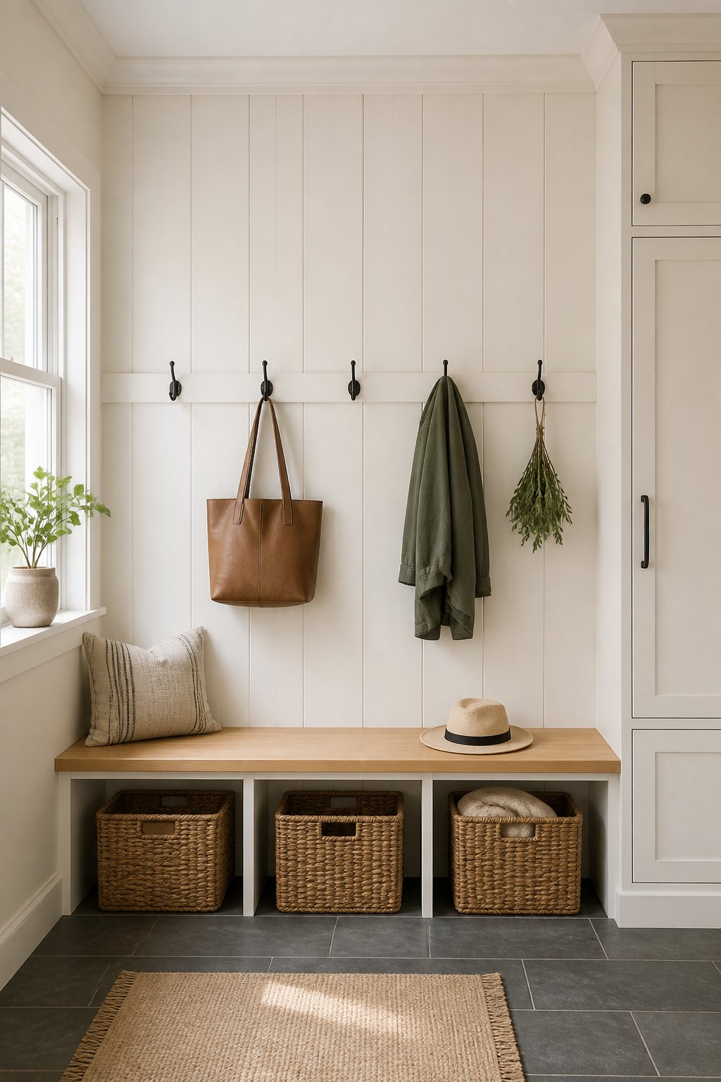A bright mudroom with white paneled walls, built-in storage, a wooden bench, hooks, baskets, and a dark tile floor.