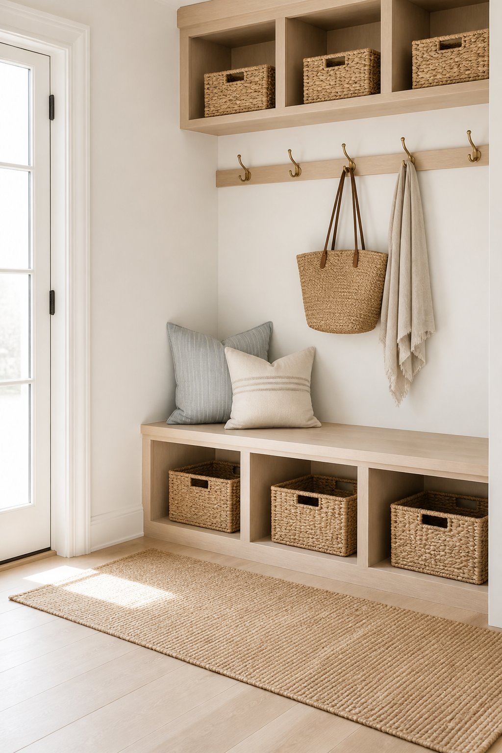 A bright mudroom with open cubbies, baskets, wall hooks, a runner rug, and wood flooring.